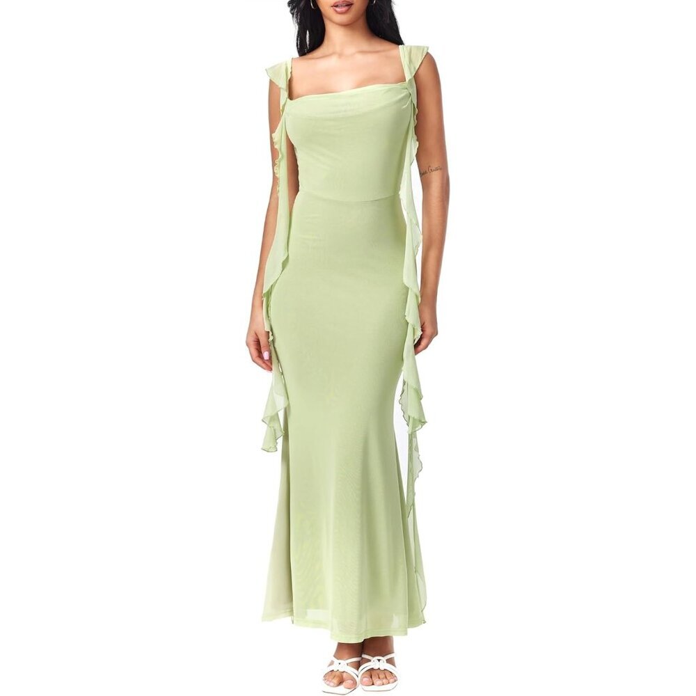 Women's Green Wedding Guest Dresses Summer Maxi Dress Sleeveless Mesh Ruffle